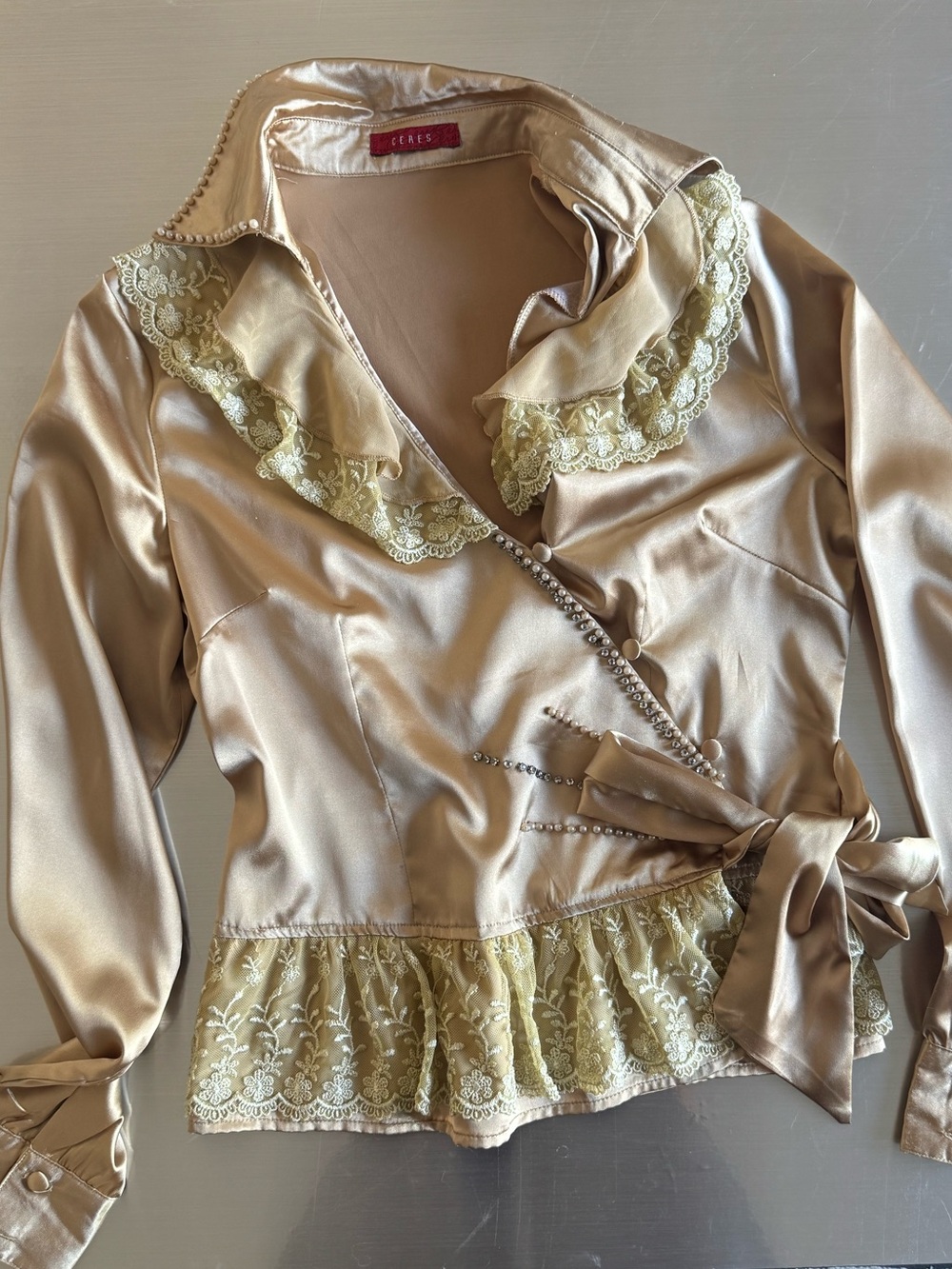 Gold Satin Lace-Trim Wrap Blouse